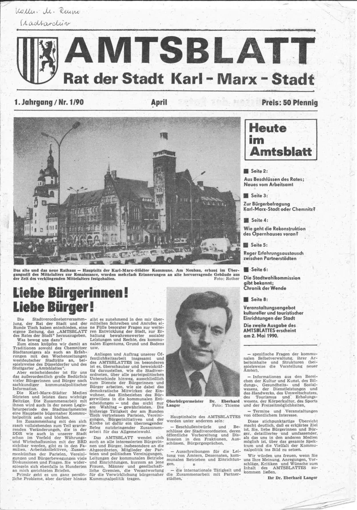 Titelseite des ersten Amtsblattes der Stadt Chemnitz vom 17. April 1990