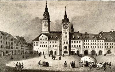 Markt nach Norden mit Rathaus, Hohem Turm, Pranger und Lauben, Lithographie um 1837