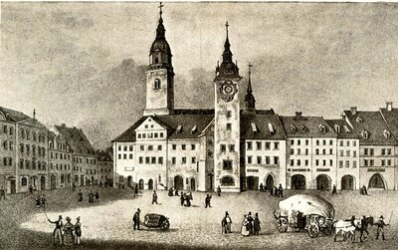 Markt nach Norden mit Rathaus, Hohem Turm, Pranger und Lauben, Lithographie um 1837