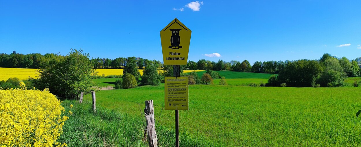 In der Bildmitte steht ein Schild mit dem offiziellen Zeichen des Naturschutzgebietes. Links ist ein gelb blühendes Rapsfeld, rechts eine Wiese und am Horizon ein blauer Himmel mit vereinzelten Wölkchen.