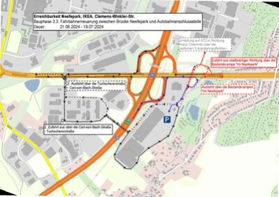 Darstellung der möglichen Fahrbeziehungen in Bauphase 3.3 ab Donnerstag, 20. Juni