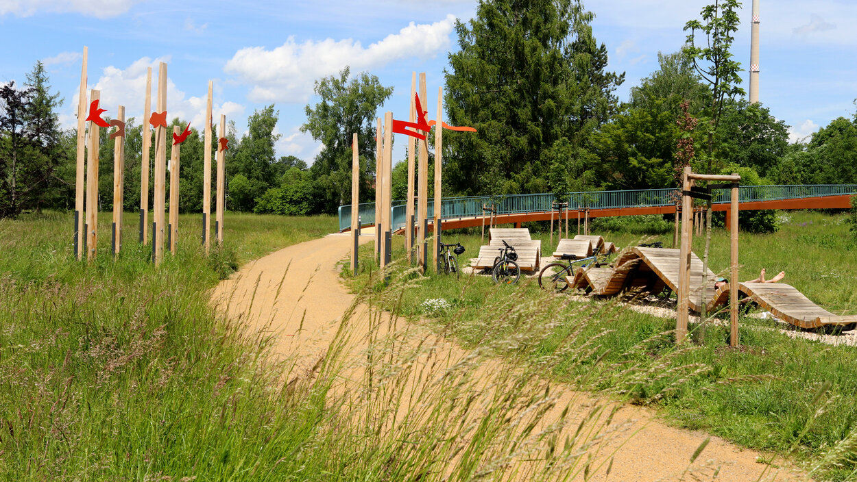 Ein sandgeschlämmter Weg verläuft in einem Bogen durch das Bild in Richtung Brücke; Gräser neigen sich über den Weg, an Holzbalken sind rote Badelemente aus Holz angebracht.