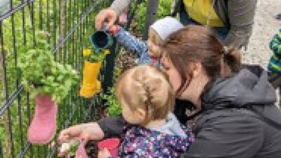 Kinder, die Plfanzen in Gummistiefeln pflanzen