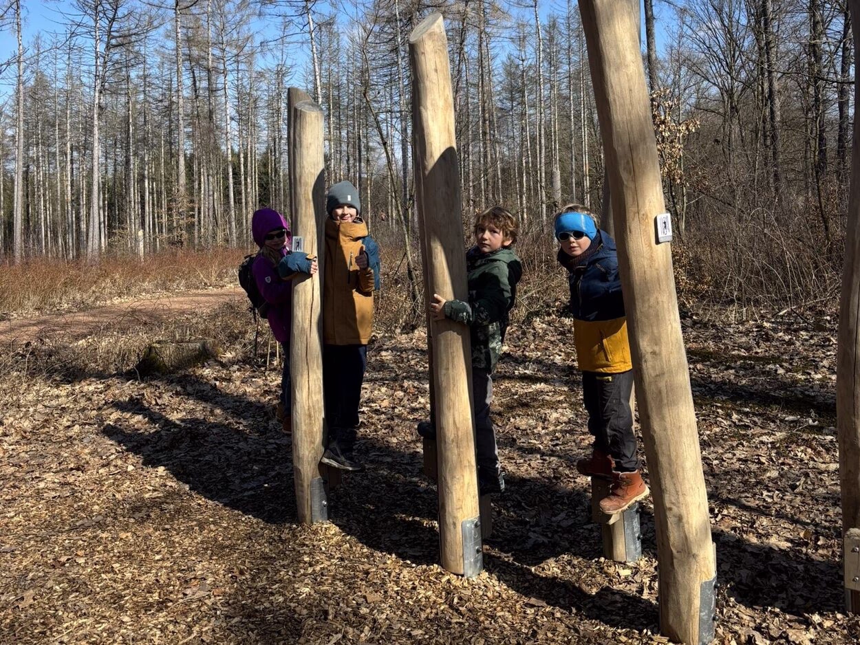 Kinder spielen an senkrecht im Boden stehenden Holzstämmen auf einem Spielplatz.