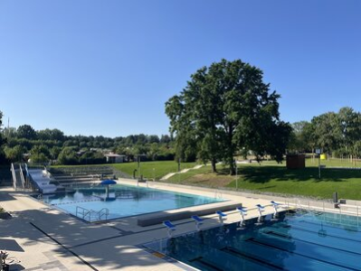 Im Bild ist das Mehrzweckbecken sowie ein kleiner Teil des 50 Meter Schwimmbeckens zu erkennen. Im Hintergrund befindet sich die grüne Liegewiese mit großen grünen Bäumen.