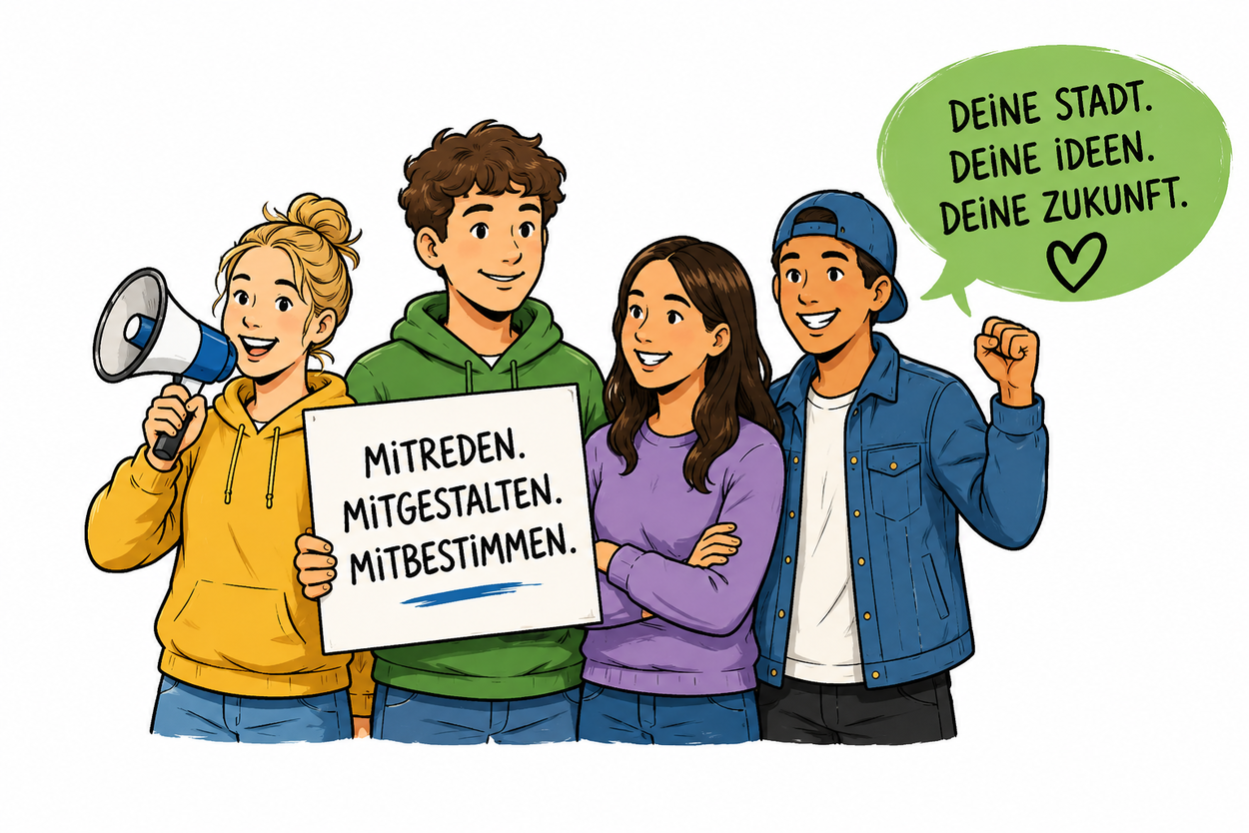 Vier Jugendliche (zwei Mädchen, zwei Jungen) im Comic-Stil, ein Junge hält ein Schild mit der Aufschrift "Mitreden. Mitgestalten. Mitbestimmen." Oben rechts ist eine Sprechblase mit "Deine Stadt. Deine Ideen. Deine Zukunft. Herz" abgebildet.