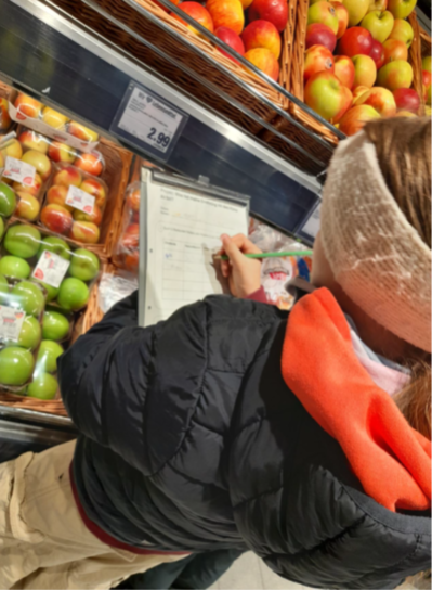 At the supermarket, the children carried out research into where food comes from.