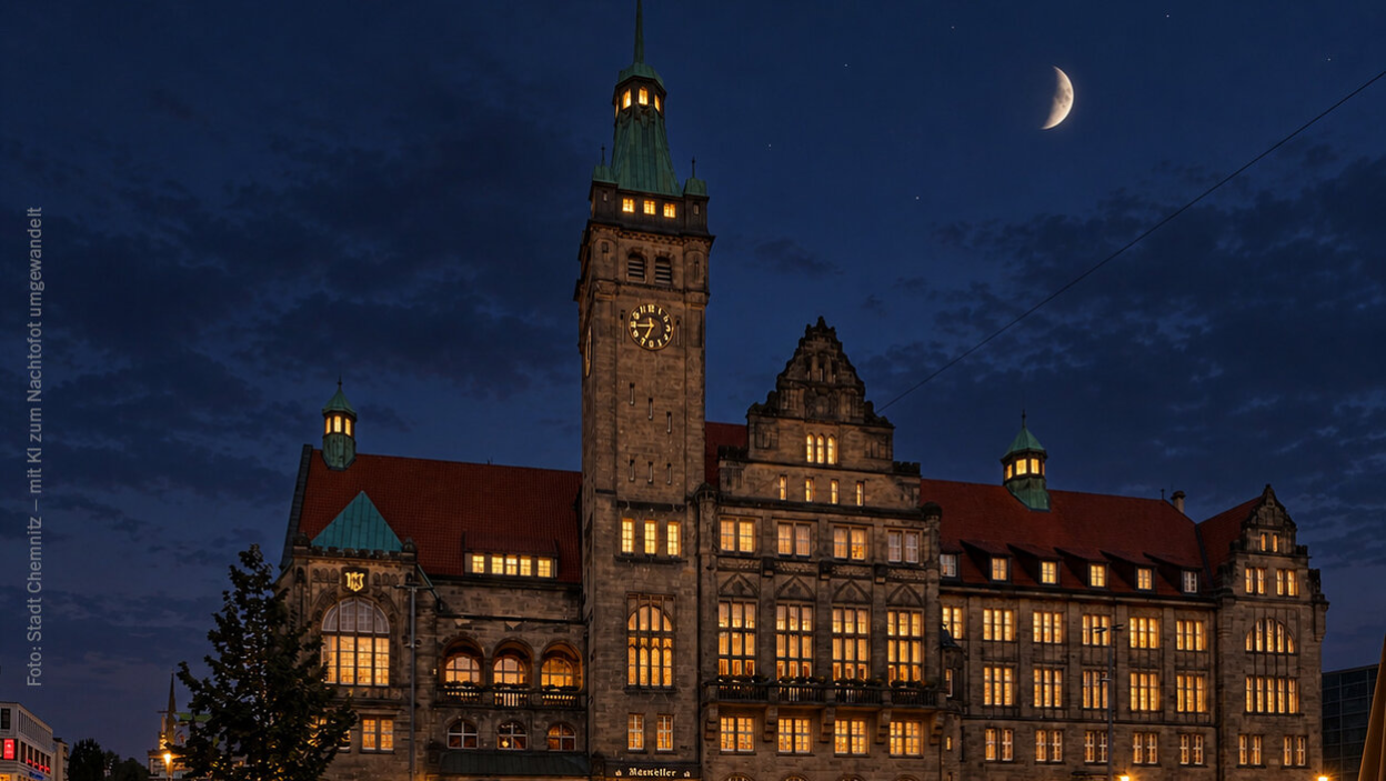 Das Rathaus Chemnitz am Abend (KI-generiert)