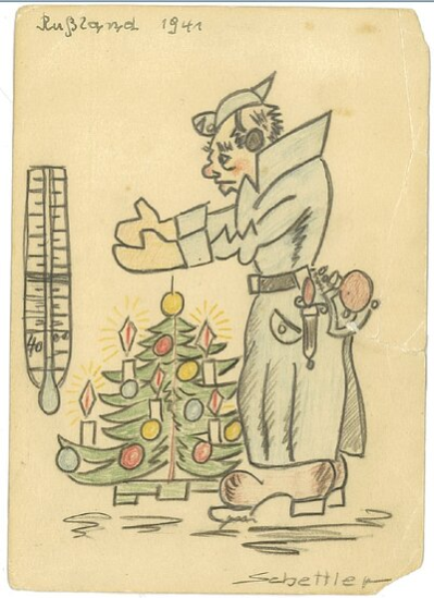 Ihr Vater war in Russland im Krieg und schickte Weihnachten 1941 diese Zeichnung an seine Familie.