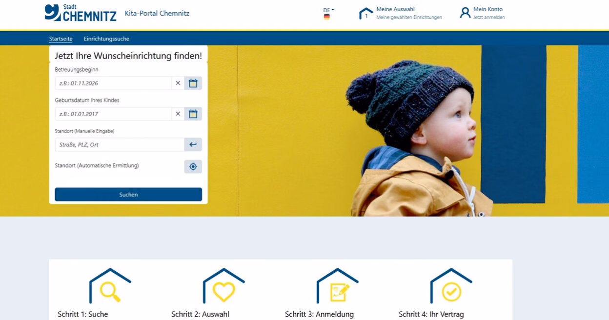 Screenshot der Startseite des Kitaportals der Stadt Chemnitz
