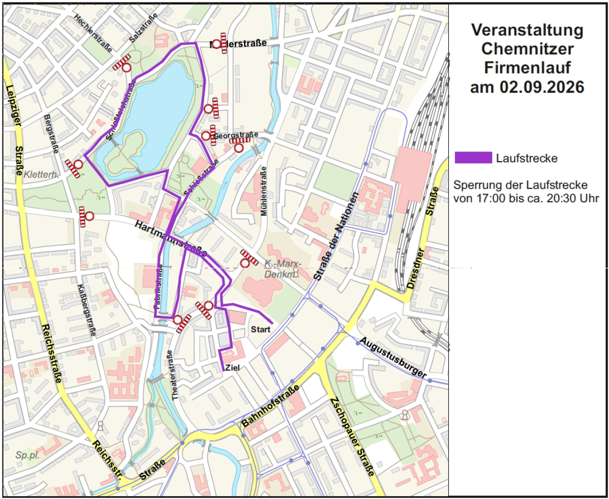 Firmenlauf am 2. September: Übersichtsplan Laufstrecke und Sperrungen