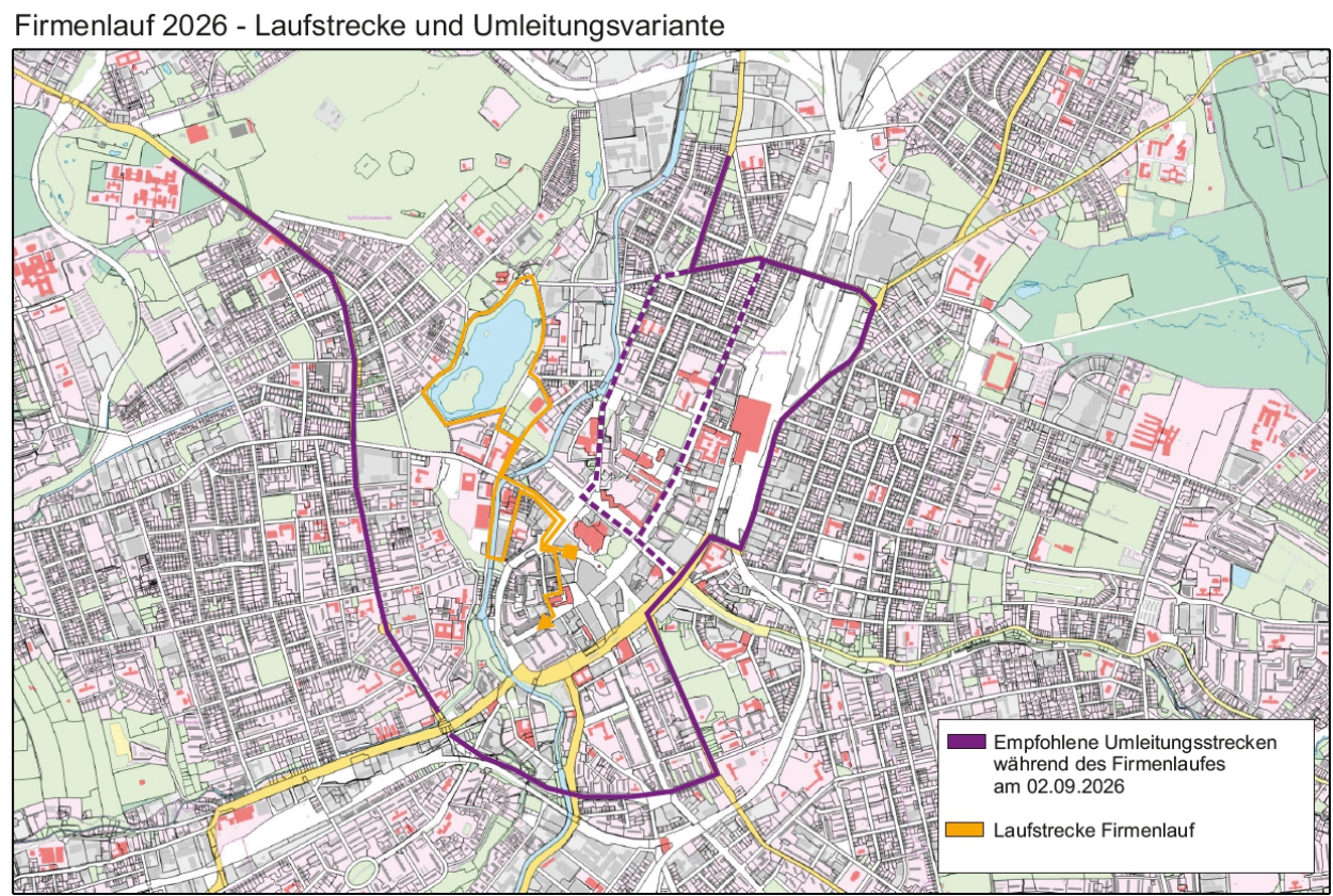 Firmenlauf am 2. September: Übersichtsplan Laufstrecke und empfohlene Umleitungen
