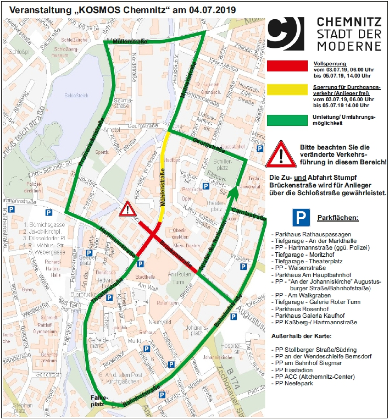 Übersichtsplan zu den Verkehrseinschränkungen "Kosmos Chemnitz"