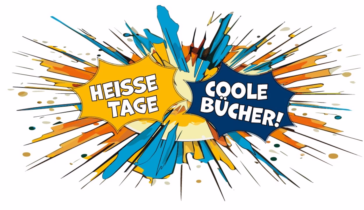 Im Bild ist eine Grafik zu sehen, die einen Knall dastellt, mit dem Solgan "Hei&szlig;e Tage, Coole B&uuml;cher!" - das Motto des Buchsommers Sachsen 2025