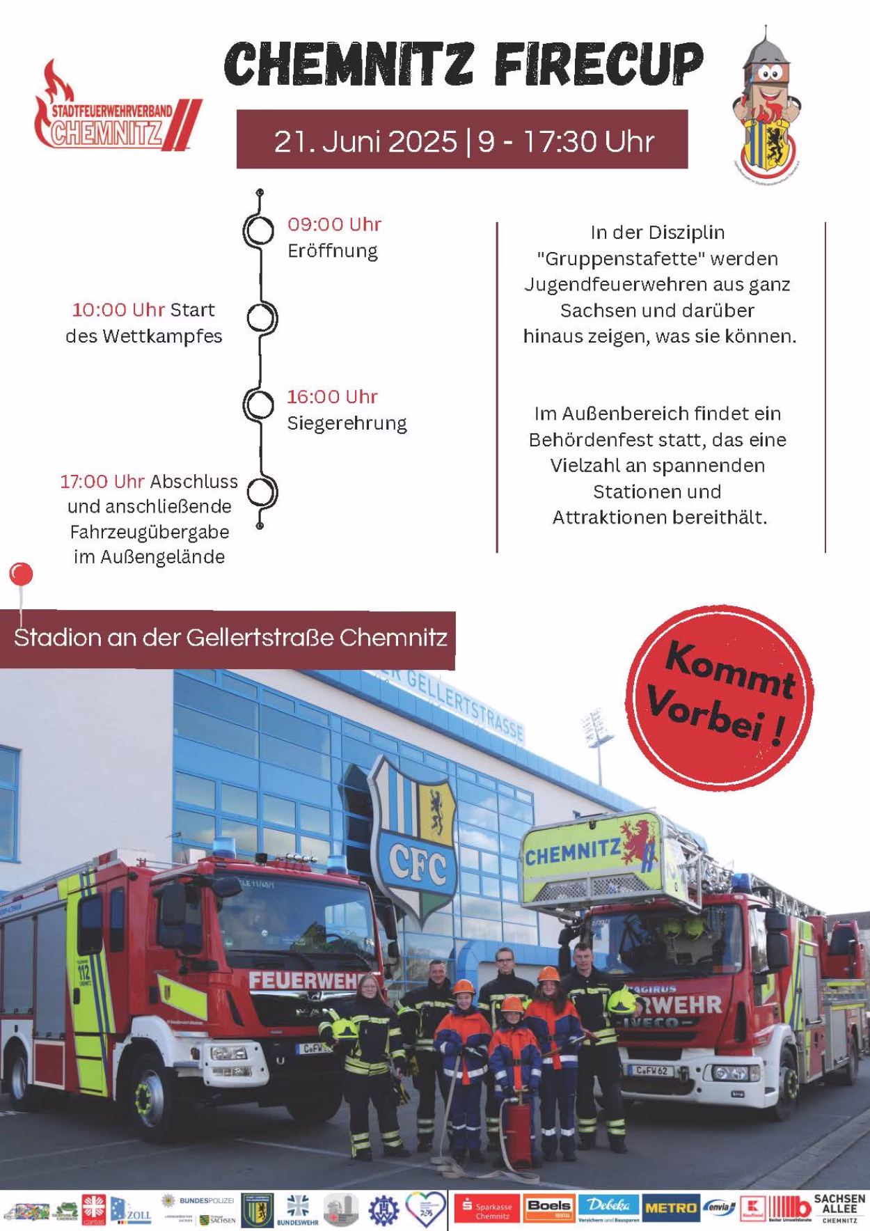 Im Bild ist das Plakat zum Fire Cup zu sehen, darin ist u. a. die Zeitschiene der Veranstaltungen abgebildet.