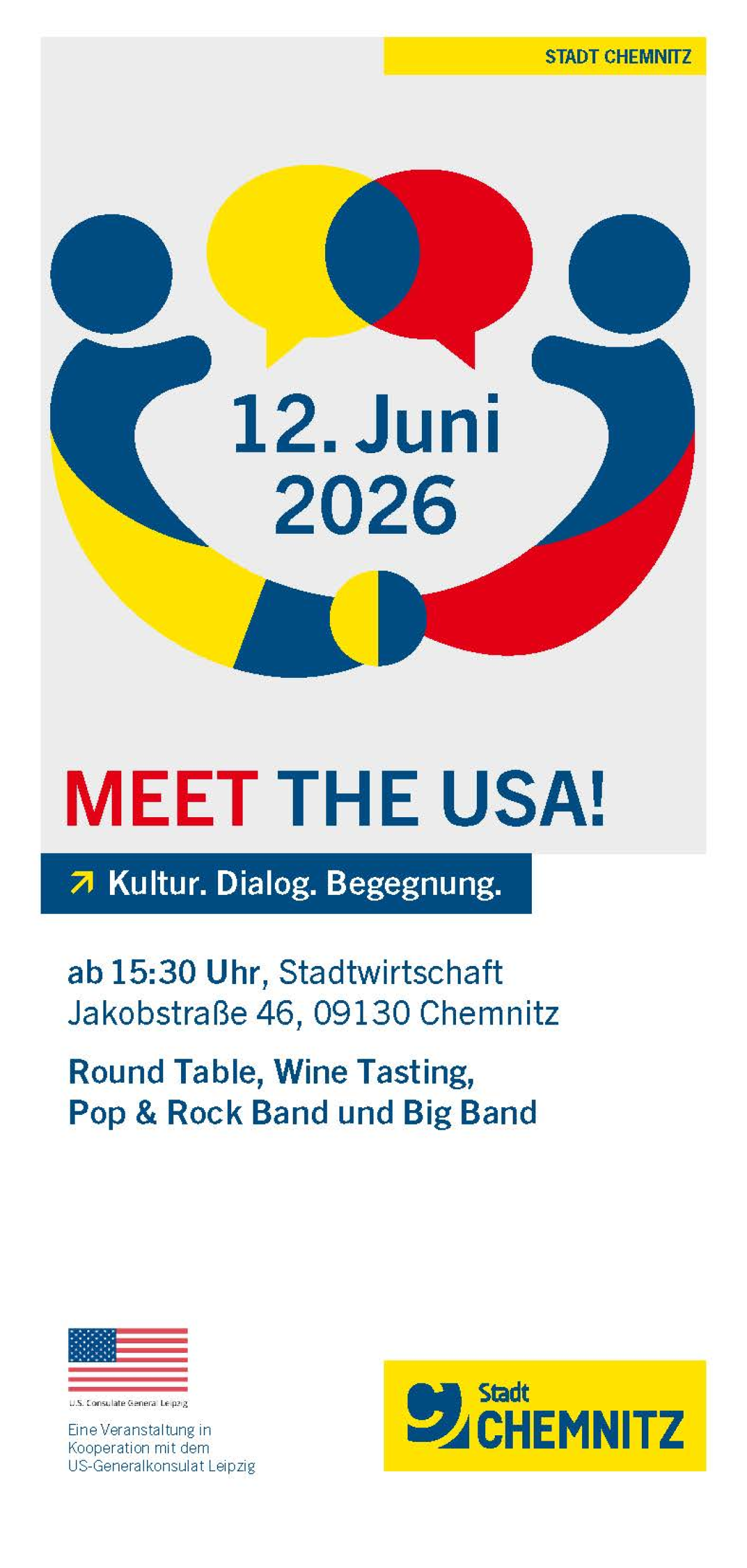 Flyer "Meet the USA" zu Veranstaltungen in der Stadtwirtschaft Chemnitz, Seite 1