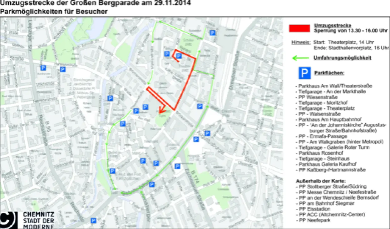 Umzugsstrecke der Gro&szlig;en Bergparade am 29.11.2014