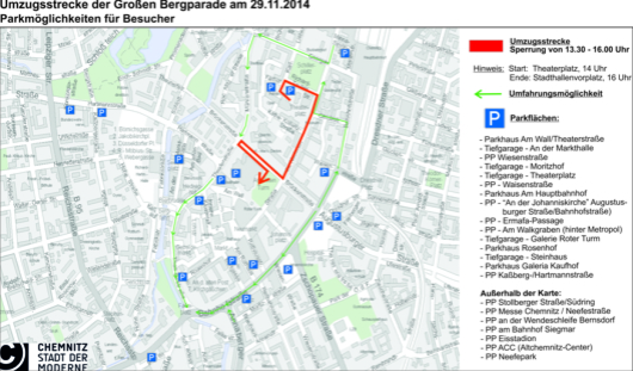 Umzugsstrecke der Großen Bergparade am 29.11.2014