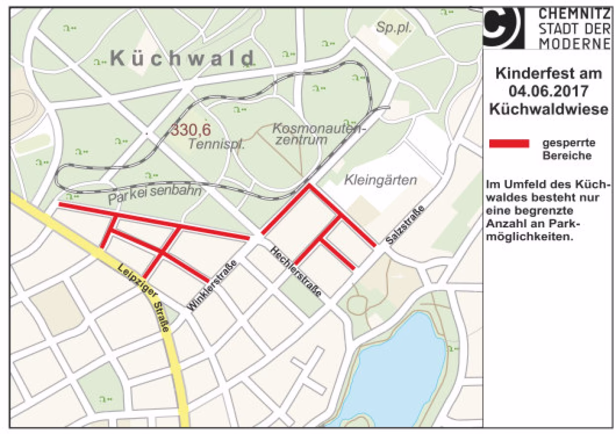 &Uuml;bersicht der Sperrungen im Umfeld des Kinderfestes K&uuml;chwaldpark am 4. Juni