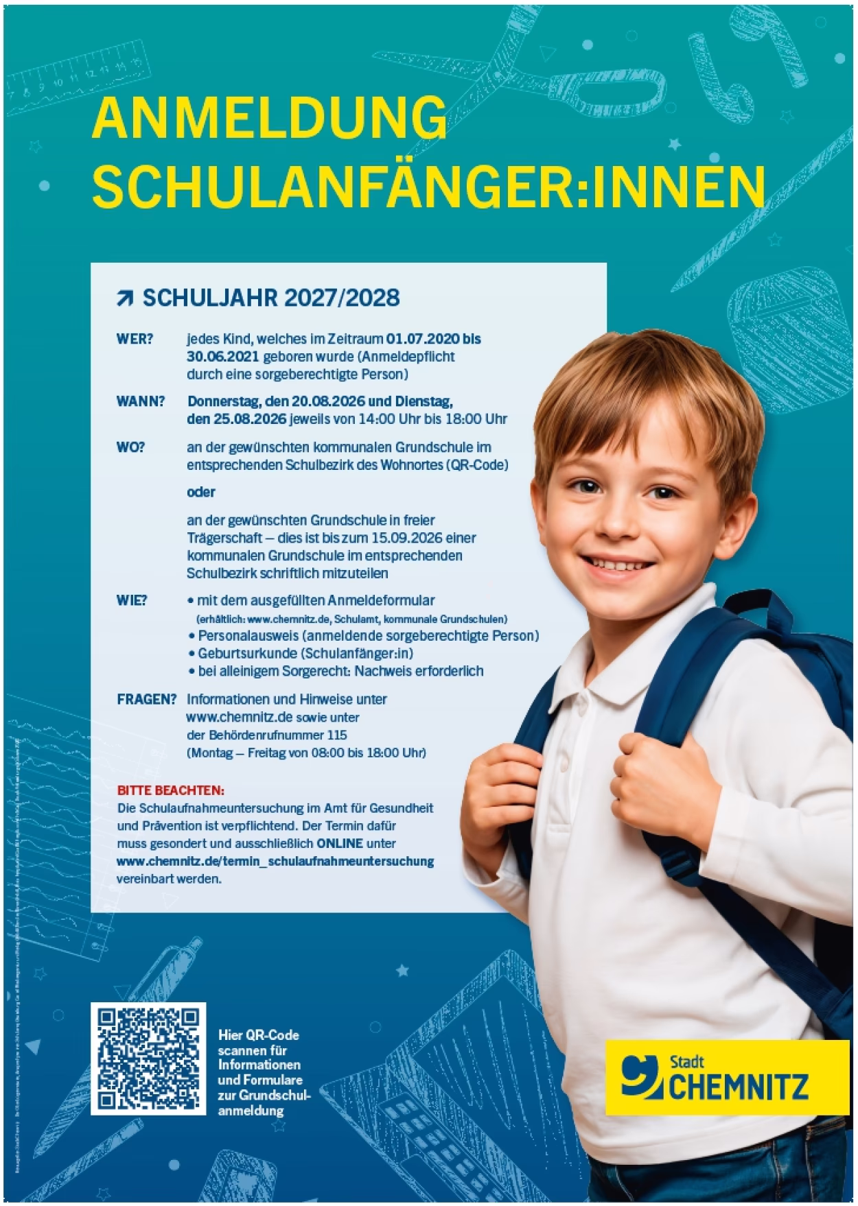 Plakat mit allen Daten zur Anmeldung der Schulanf&auml;nger:innen f&uuml;r das Schuljahr 2027/2028