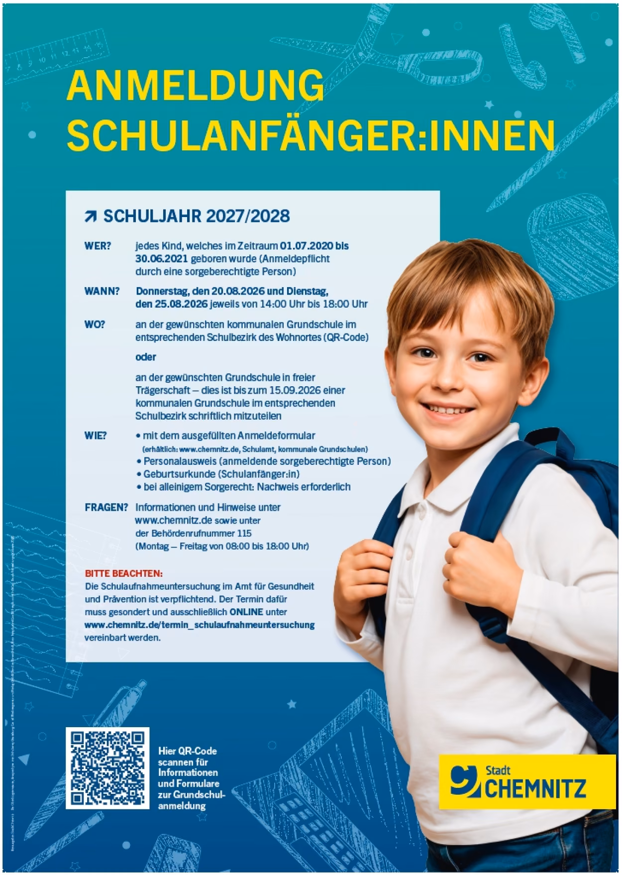 Plakat mit allen Daten zur Anmeldung der Schulanfänger:innen für das Schuljahr 2027/2028