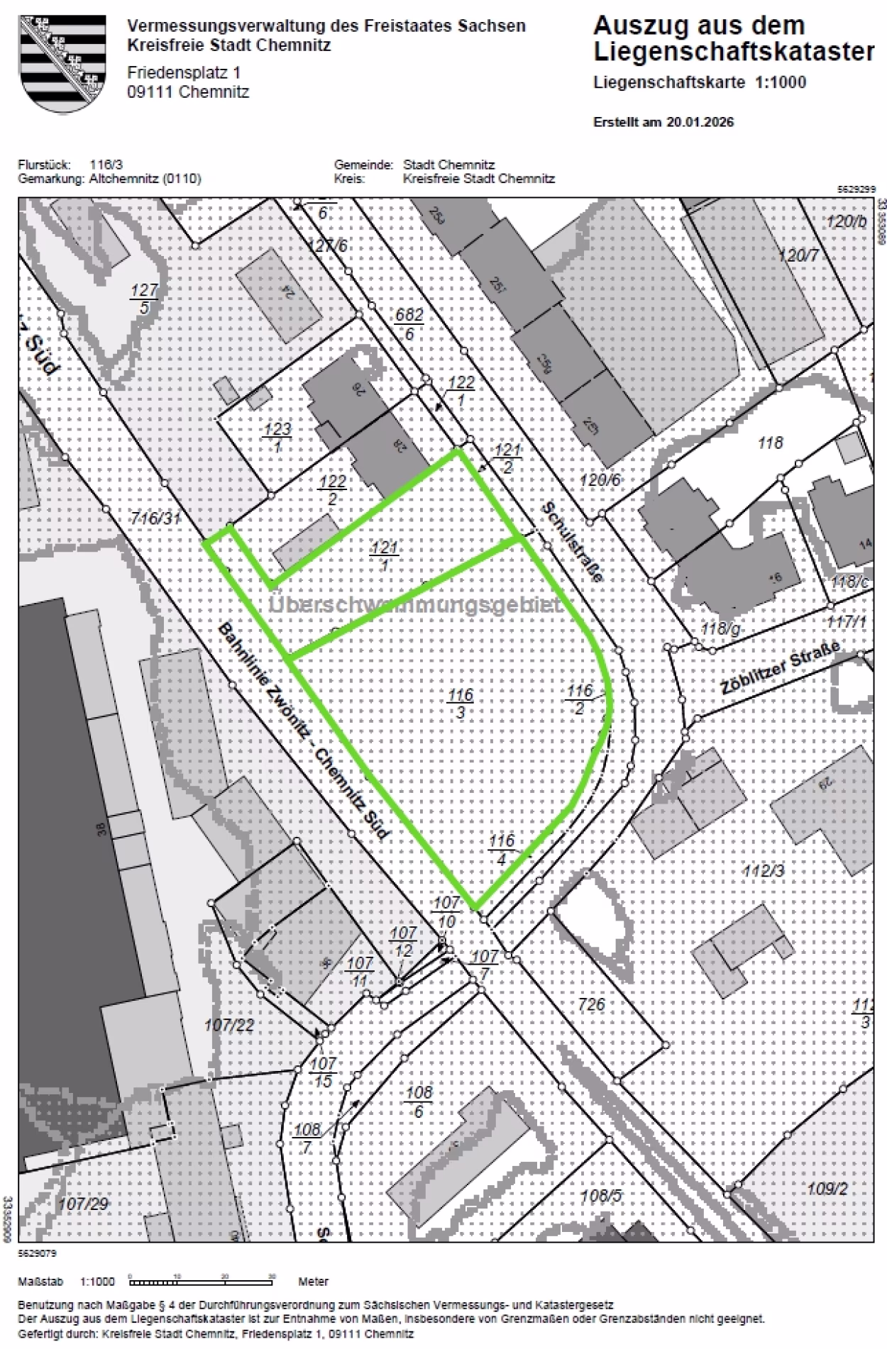 im festgesetzten &Uuml;berschwemmungsgebiet f&uuml;r die Liegenschaften in der Gemarkung Altchemnitz, Schulstra&szlig;e - Flurkarte