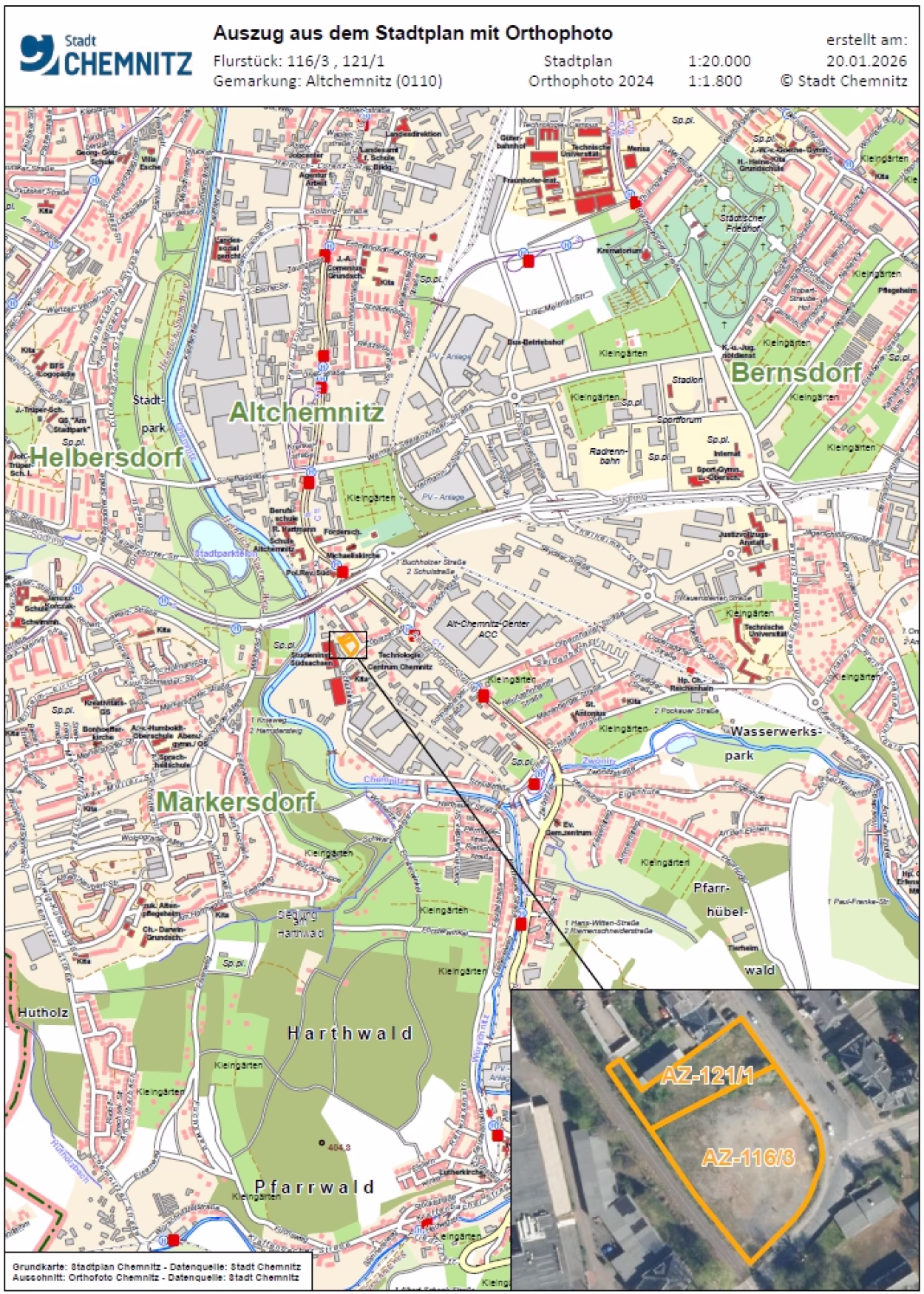 im festgesetzten &Uuml;berschwemmungsgebiet f&uuml;r die Liegenschaften in der Gemarkung Altchemnitz, Schulstra&szlig;e - Stadtplan mit Orthofoto