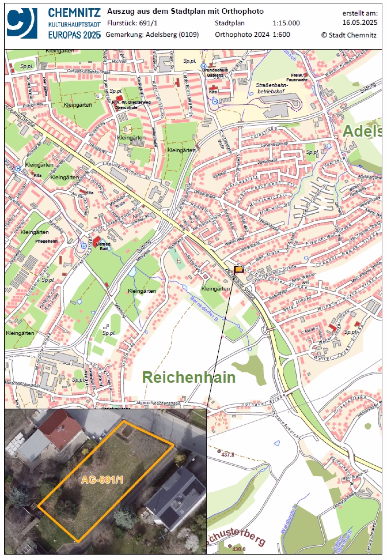 Ver&ouml;ffentlichung eines Baugrundst&uuml;ckes auf der Kleinolbersdorfer Stra&szlig;e - Auszug aus dem Stadtplan mit Orthophoto