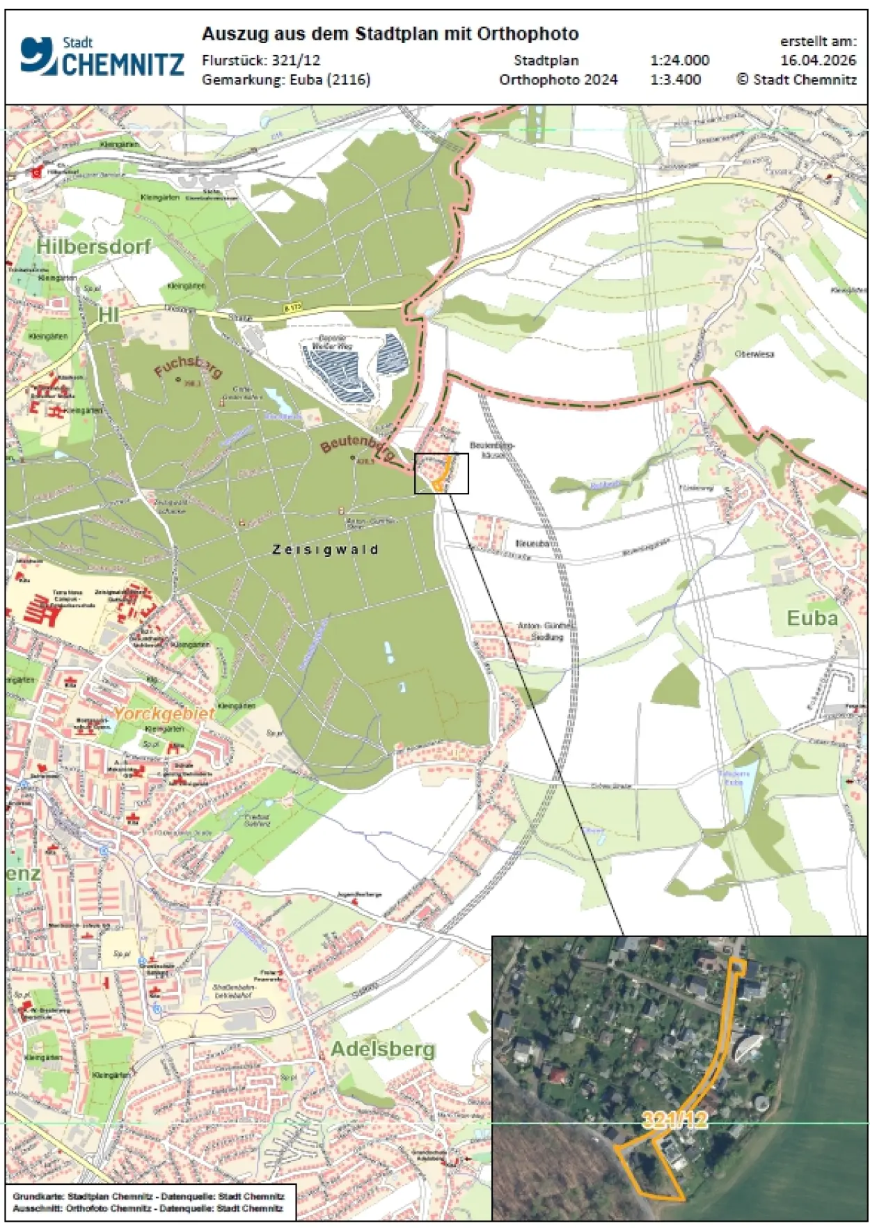 Verpachtungangebot eines unbebauten Erholungsgrundst&uuml;cks in Euba - Stadtplan mit Orthofoto