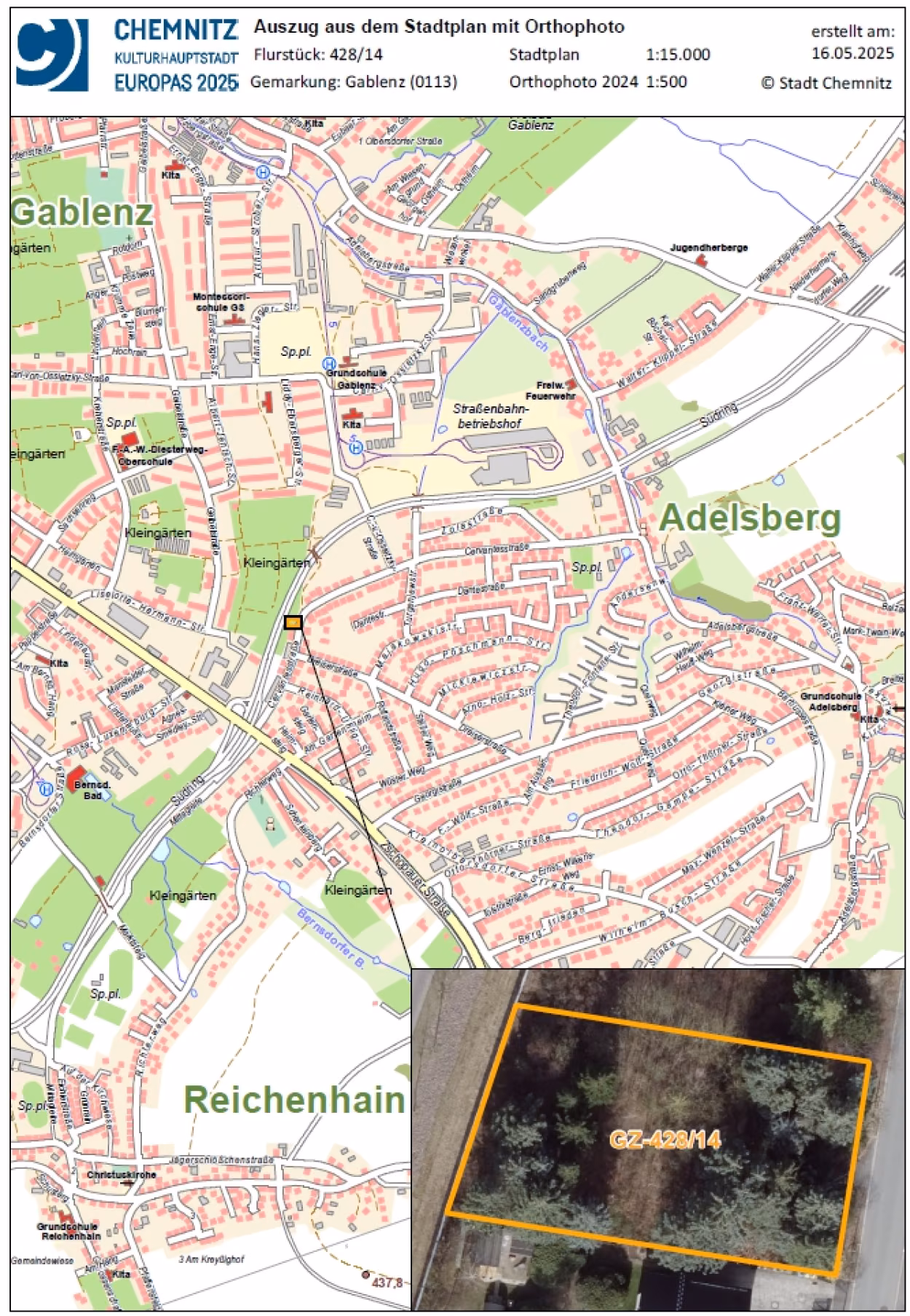 Verkaufsangebot eines Baugrundstückes der Stadt Chemnitz Cervantesstraße - für private Bauherren - Stadtplan mit Orthofoto