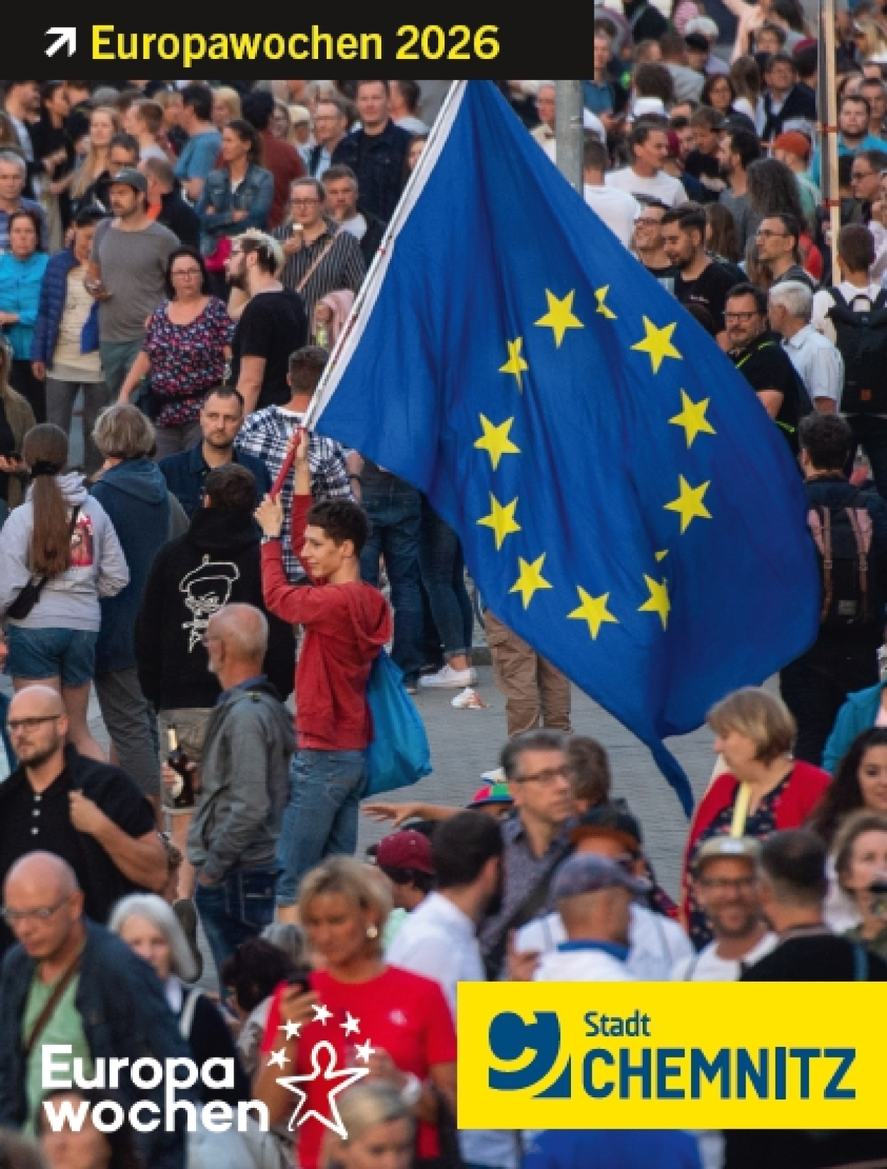 Grafik zur Europawoche 2026: Im Mittelpunkt ein junger Mann mit rotem Pullover, der eine große Europafahne schwenkt.