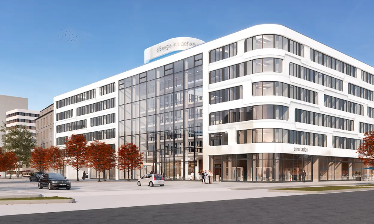 So soll das im bau befindliche Geb&auml;ude der einsEnergie im Stadtzentrum aussehen, wenn es im Herbst 2021 fertiggestellt ist.