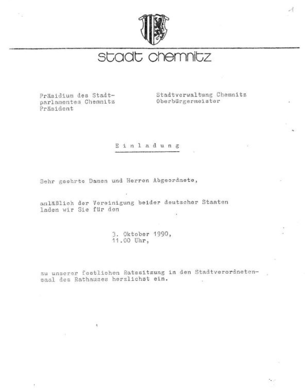 Die Einladung zum Tag der Deutschen Einheit im Jahr 1990.