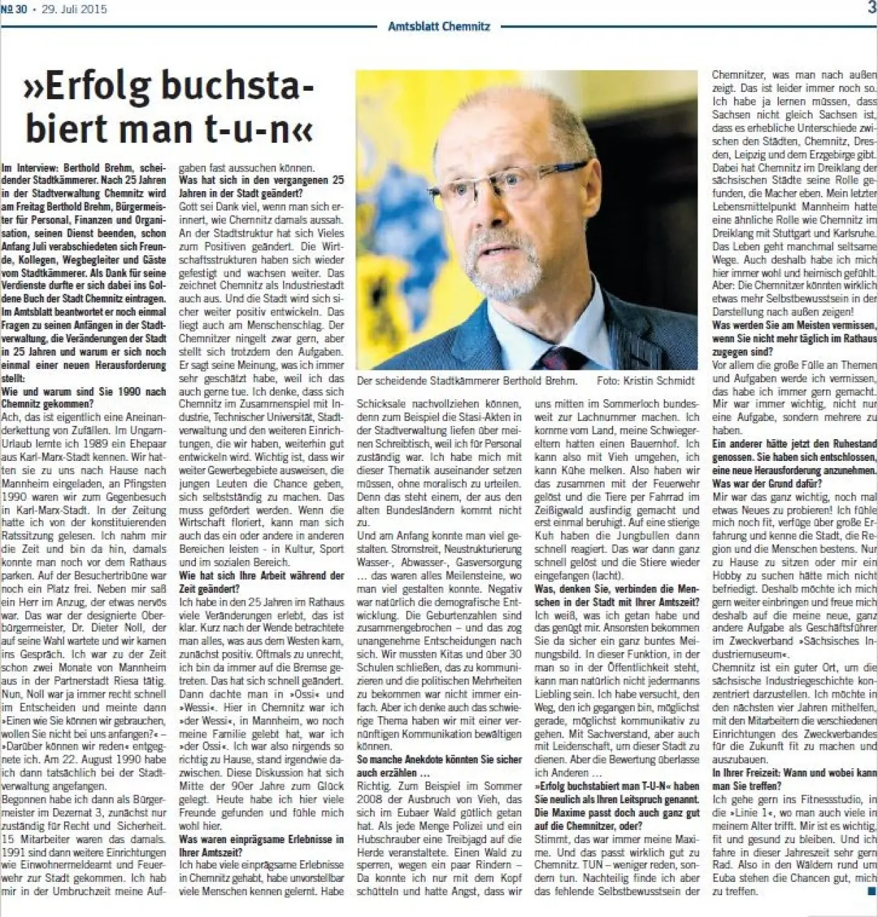 Amtsblatt-Ausgabe vom 15. Juli 2015: Interview mit Berthold Brehm.