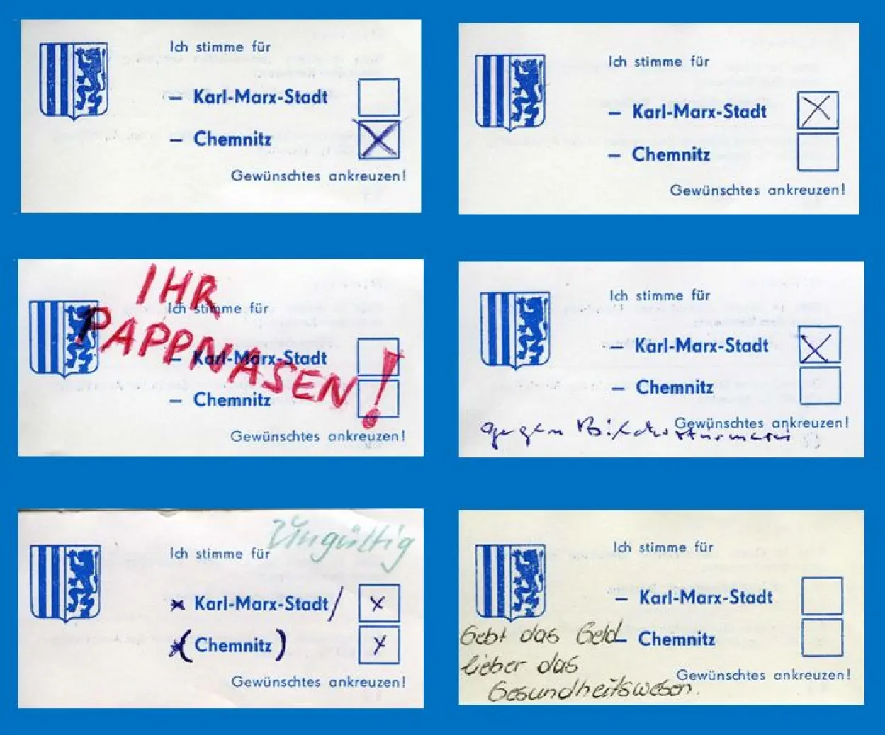 Verschiedene Stimmzettel der B&uuml;rgerbefragung zur R&uuml;ckbenennung der Stadt.