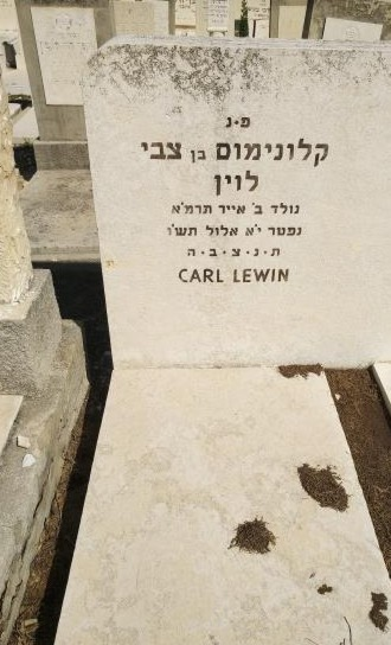 Schwarz-Weiß-Fotografie vom Grabstein. Zu lesen ist darauf Carl Lewin, die restlichen Daten sind in hybräischer Schrift.