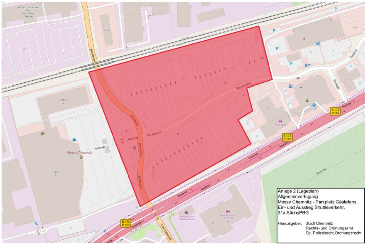 Allgemeinverfügung zum 22. April 2026: Lageplan 2 - Messe Chemnitz - Parkplatz Gästefans, Ein- und Ausstieg Shuttleverkehr