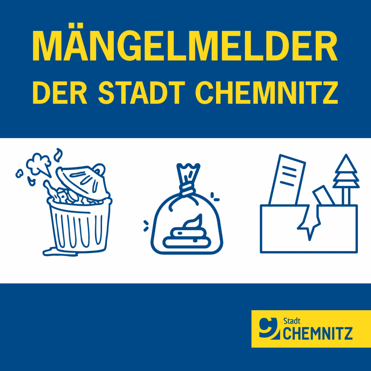Grafik zum Mängelmelder der Stadt Chemnitz - symbolisch dargestellt durch einen übergelaufenen Mülleimer, Hundekot in einer Tüte und Straßenschäden