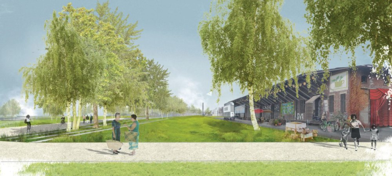 Blick zum umgenutzten Güterbahnhofsgebäude mit intensivem Freiraum